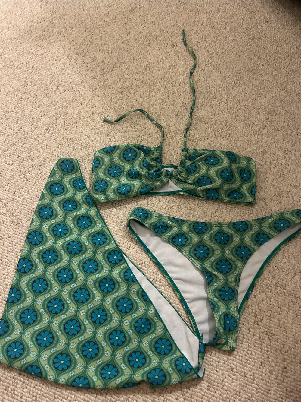 Green & Teal Floral Bandeau Bikini Set with Skirt